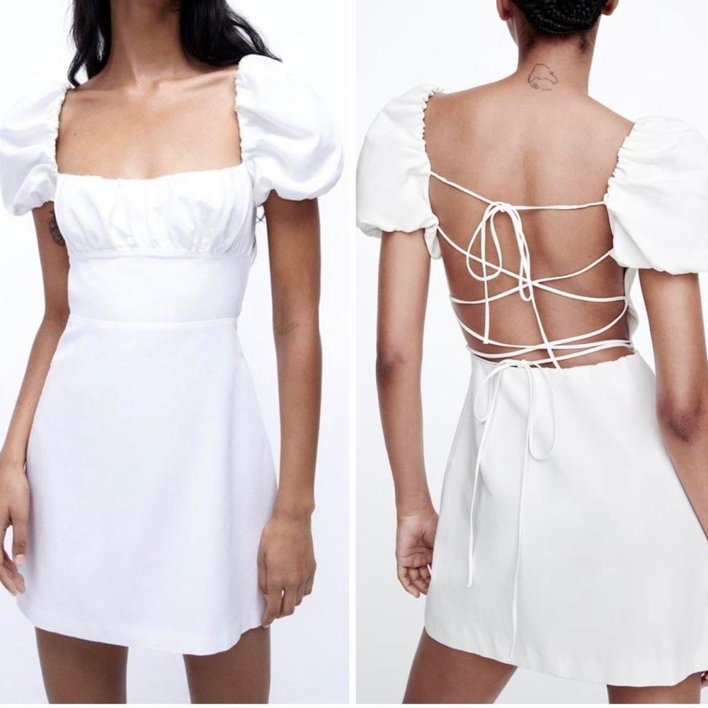Zara White Puff Sleeve Square Neck Lace Back Mini Dress Small Linen Blend